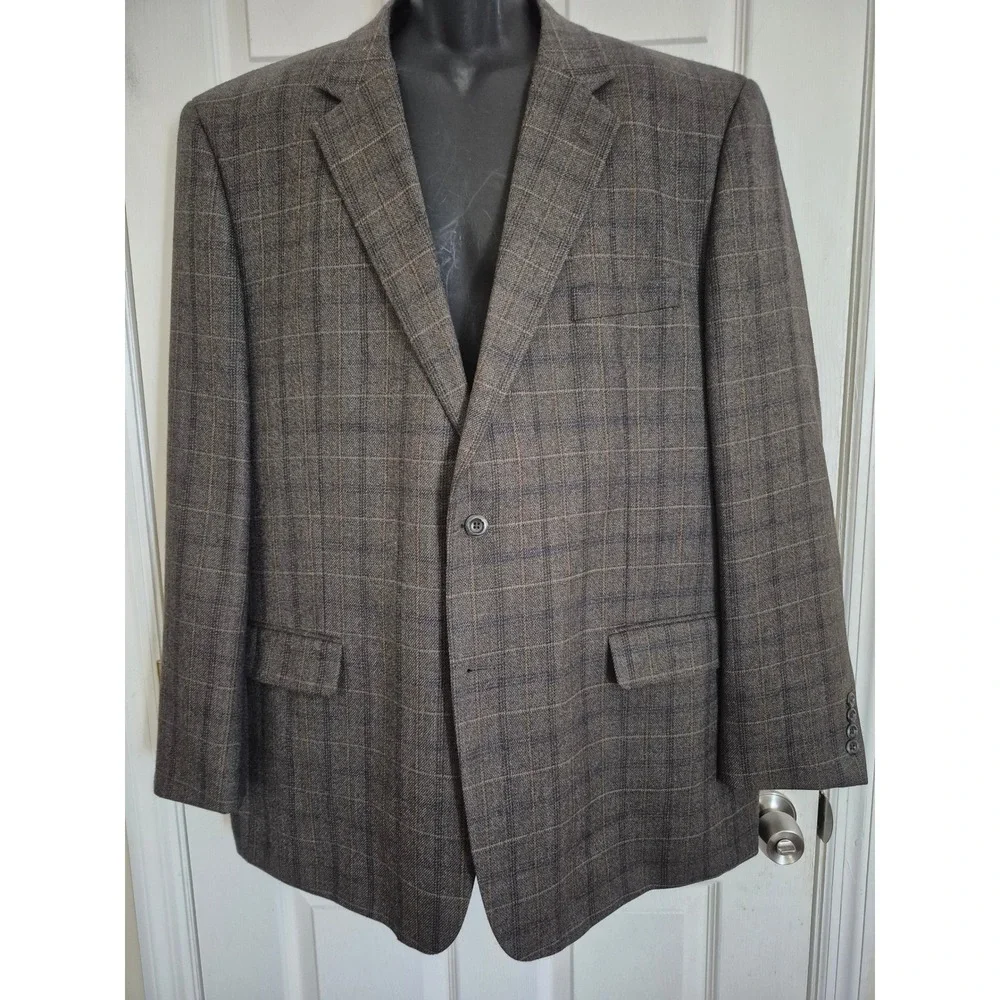 Joseph & Feiss Mens 50 Long Brown Plaid 100% Lambswool Blazer Sport Coat